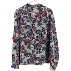 Vintage 70s Floral & Paisley Satin Long Sleeve Blouse